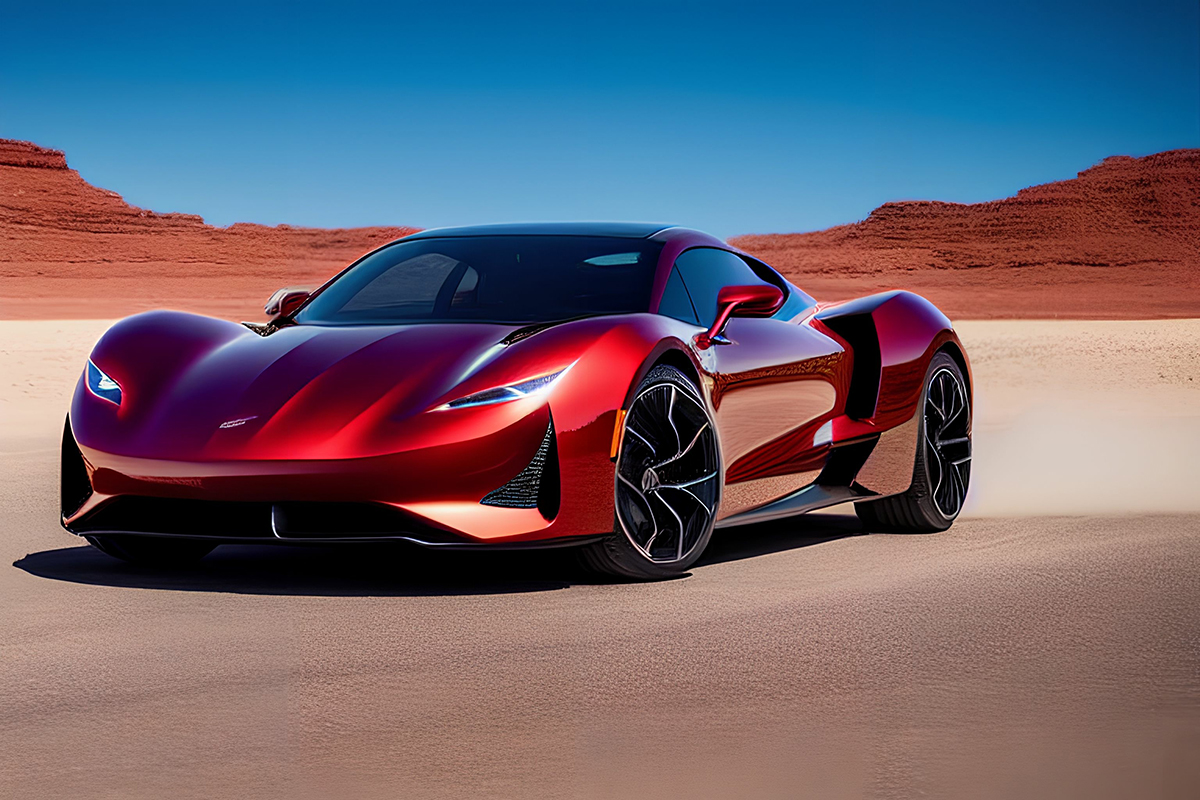 A red luxury car in the desert.