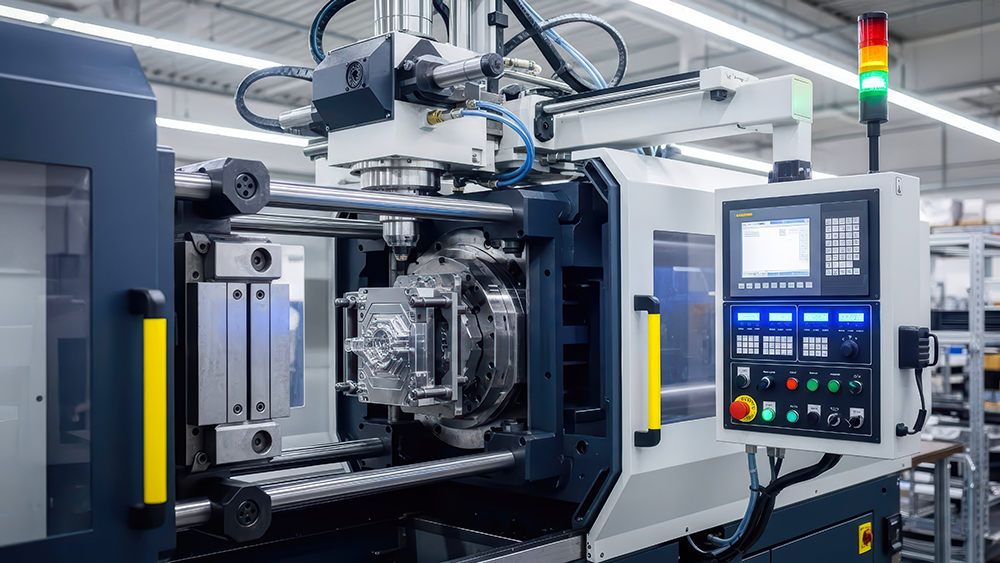 Injection molding machine on a manufacturing facility