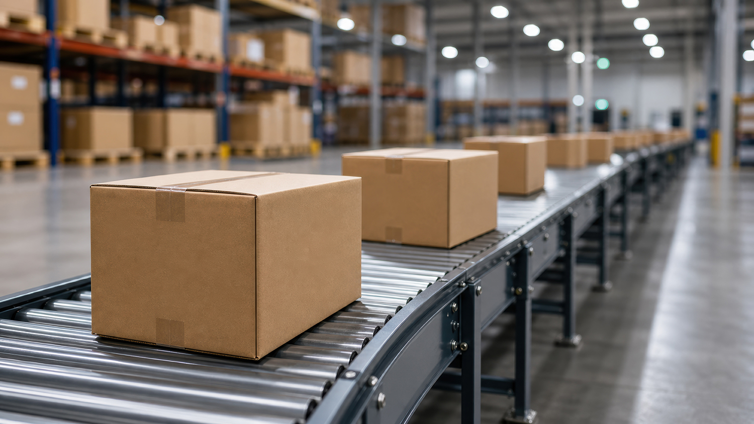 AdobeStock_2074574909 Boxes on warehouse conveyor belt for sorting and distribution