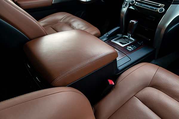 Chestnut-brown car seats and center console