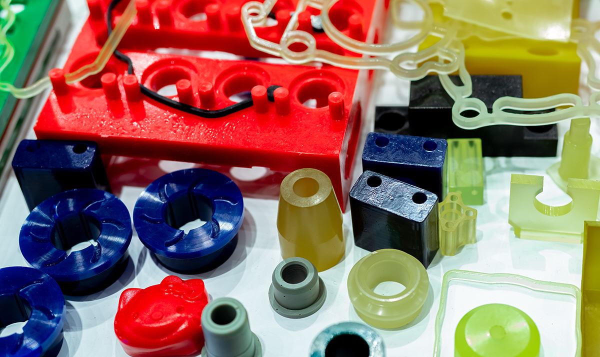 Brightly colored polyurethane molded products on display