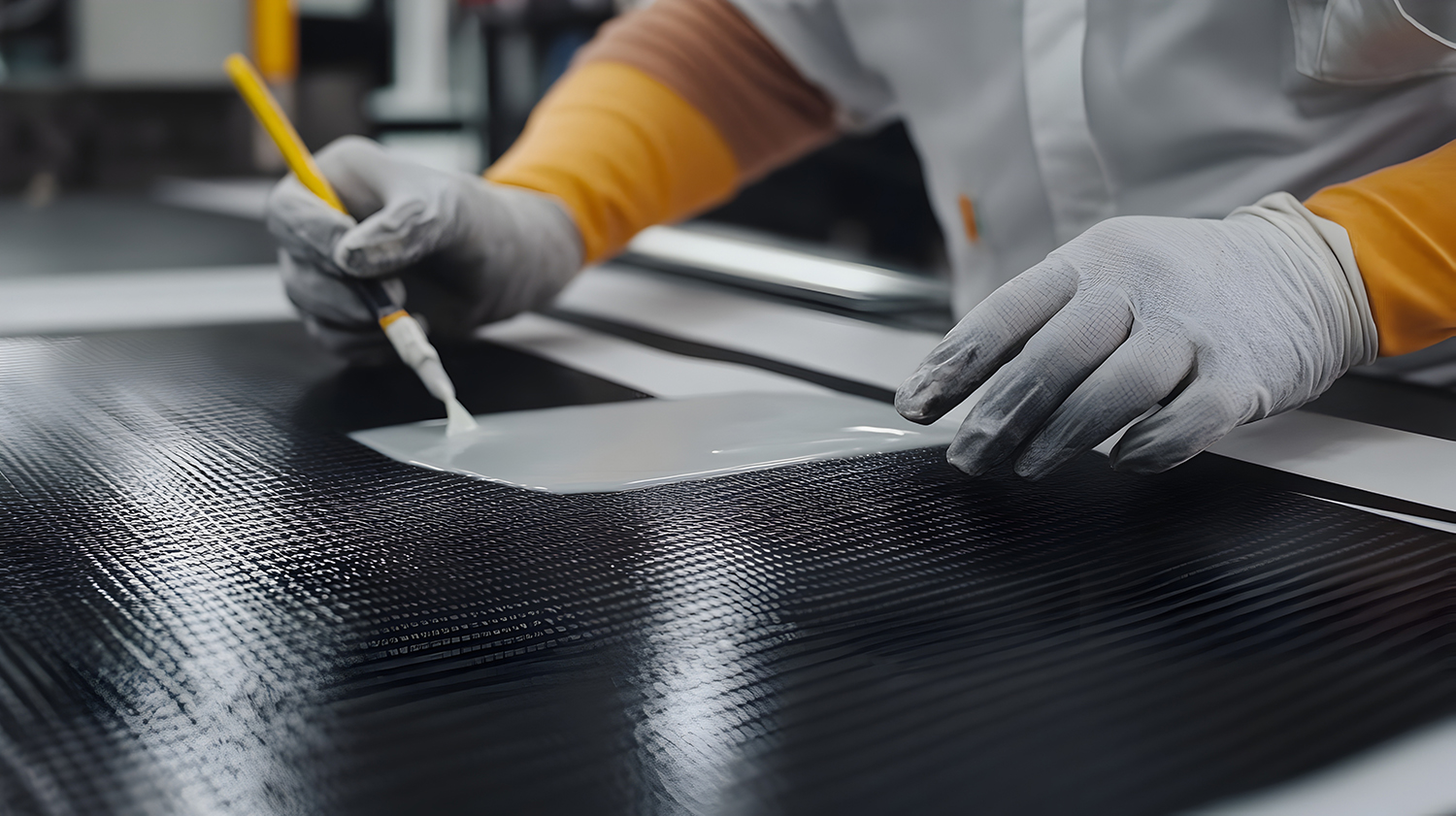 Worker applying resin to carbon fiber composite mold